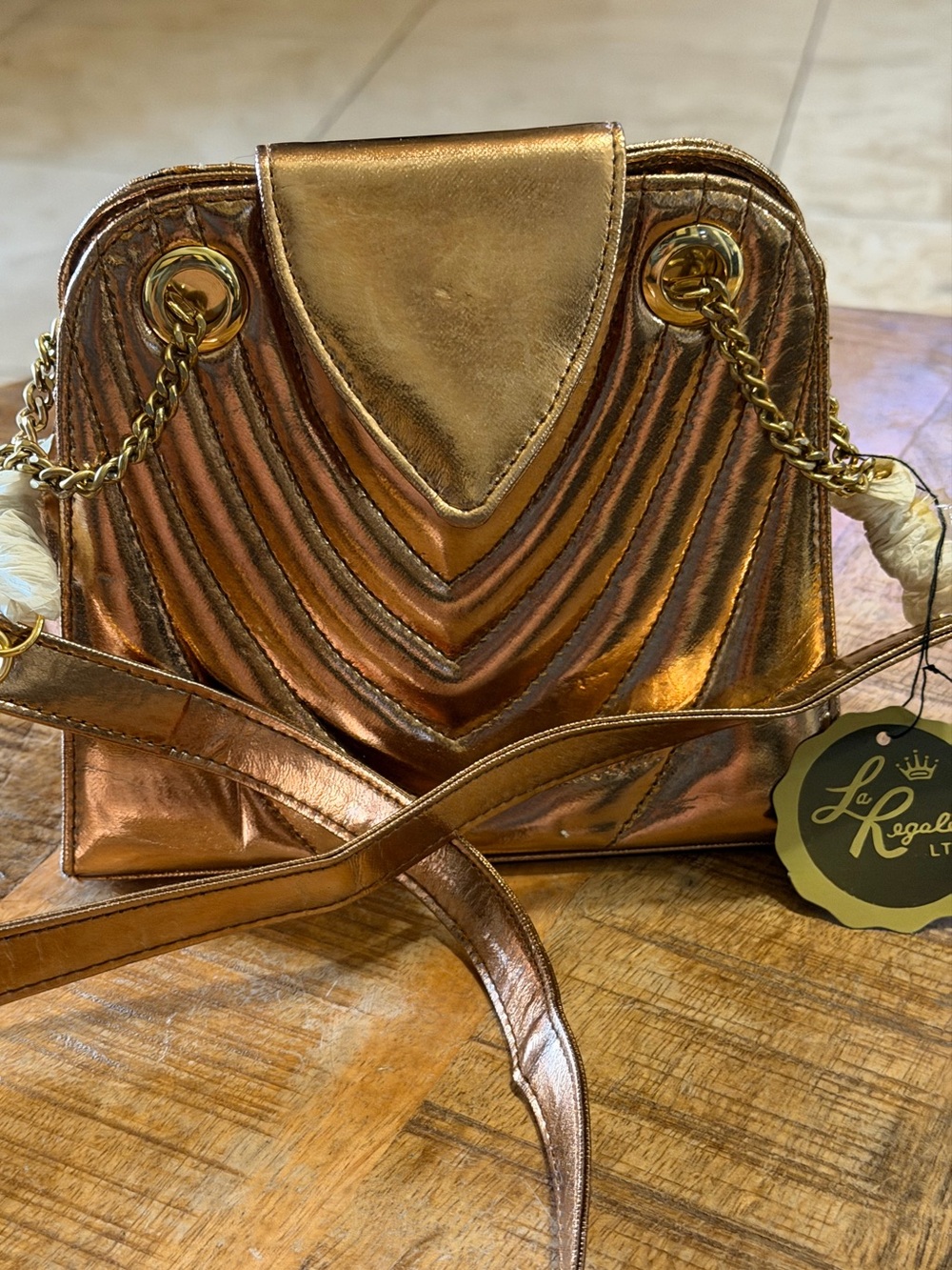 Vintage La Regale Metallic Bronze Chevron Shoulder Bag Gold Chain NWT
